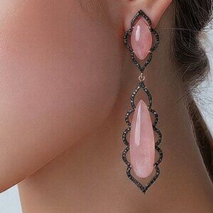 14K Rose Gold 12.58CTW Pink Opal & Black Diamond Drop Earrings 2.5"